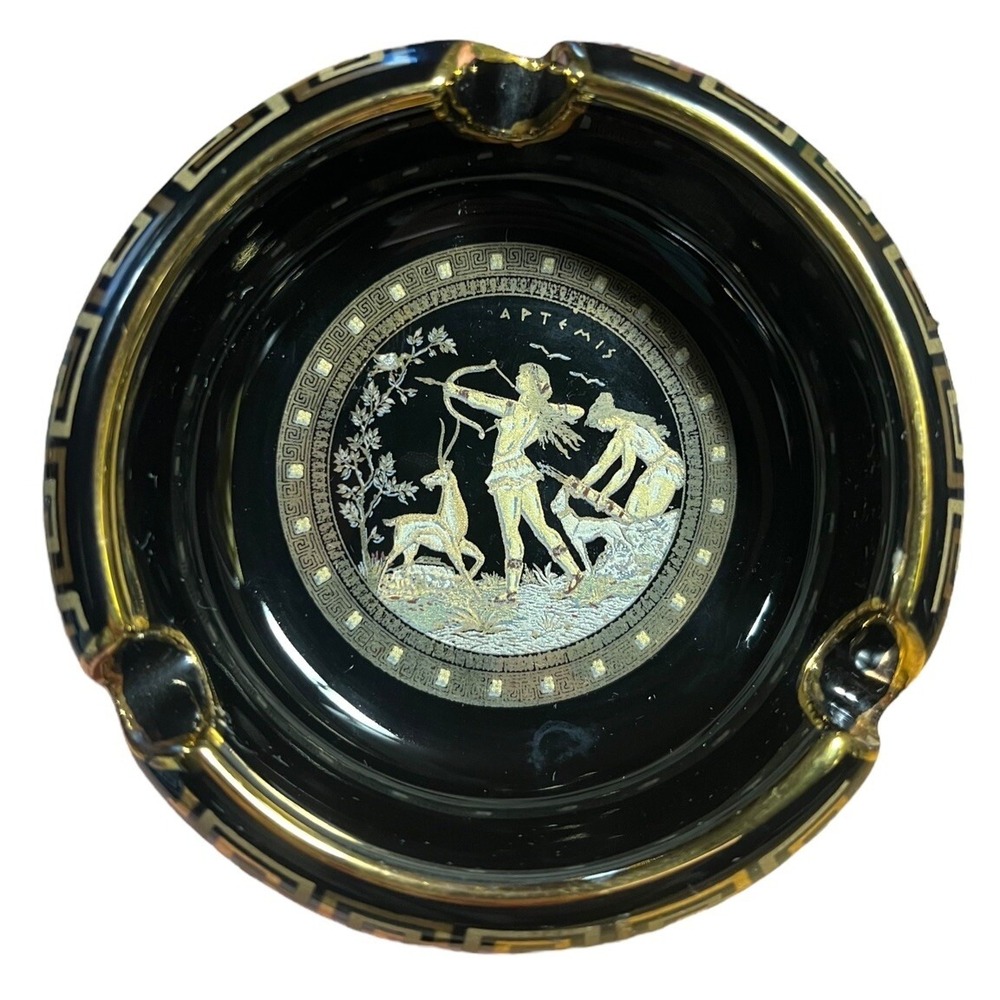 Black Porcelain Ashtray Trinket Dish Hand Made 24K  3 1/2" Kratimenos Hanipol